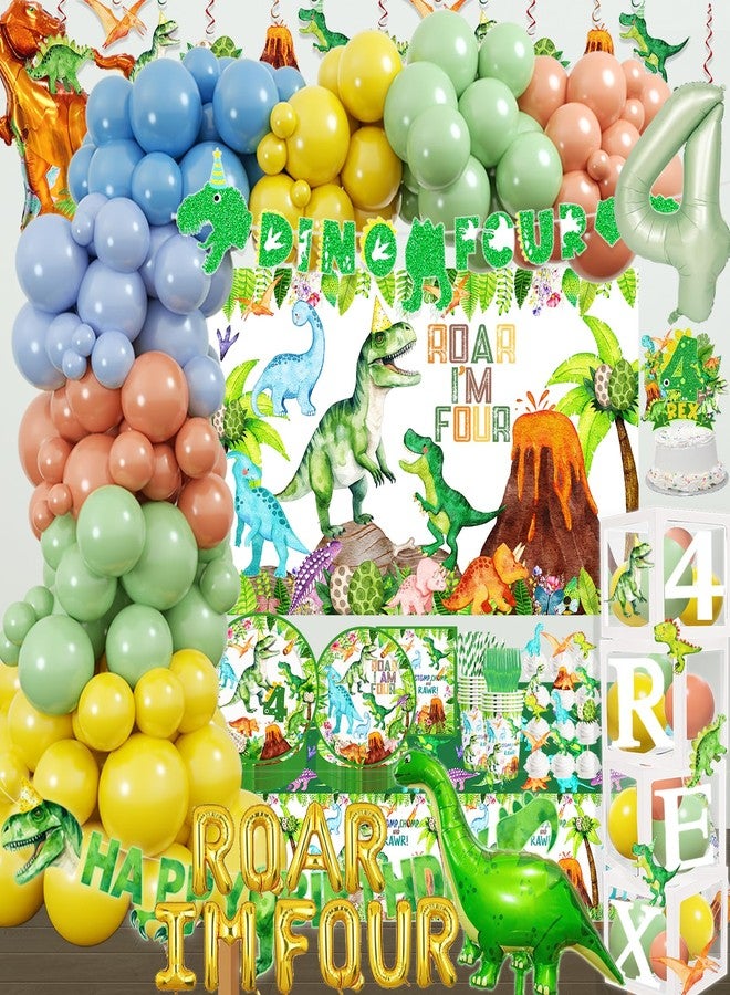 BIGKEOKI Dinosaur 4th Birthday Party Supplies Decorations Rawr Roar I am Four Party Decorations Dinosaur Plates Napkins Cups Tableware Set Balloon Box Balloon Garland Banner Backdrop TableCloth Dino Decor - Image 1